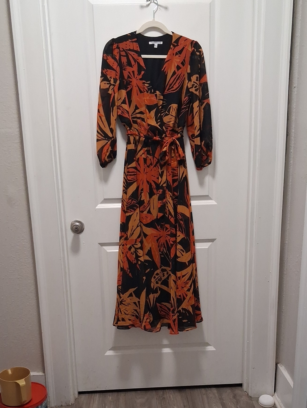 Studio One Black Maxi Dress with Orange Floral Print and Tie Waist